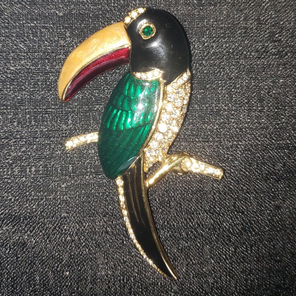 Large Enameled Rhinestone Crystal Toucan Brooch - Picture 7 of 8